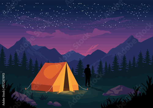 a tourist tent glows on the night taiga and starry sky