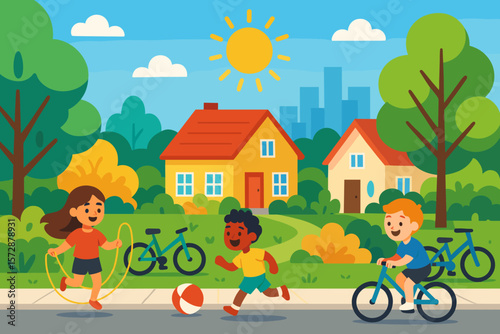 Children playing outdoors in a suburban park on a sunny day