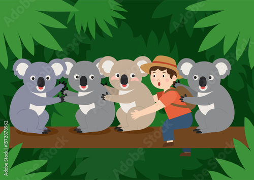 group of koalas and tourist wondering at each other, adventure concept