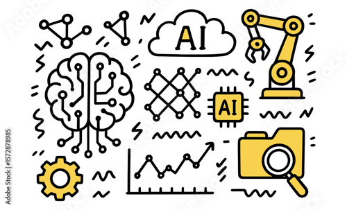 Ai technology concepts: brain network, robotics, cloud, camera analysis, chart