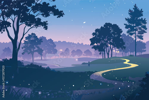 Vector magical twilight golf course with glowing fairways.