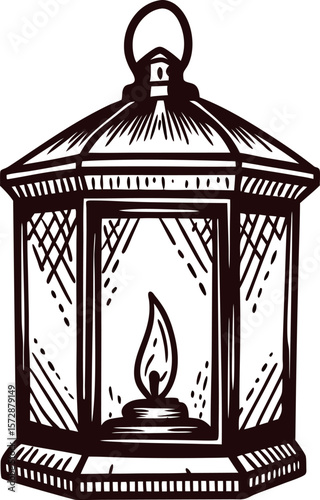 Hand drawn vintage lantern with lit candle, classic engraved illustration isolated on white background