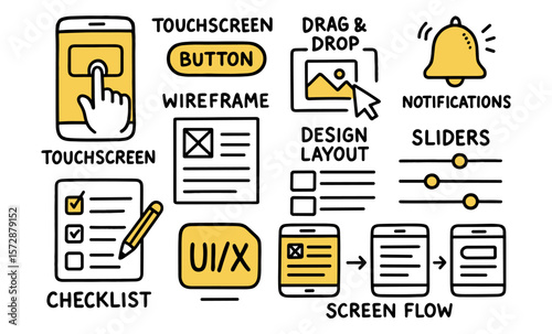 Ui/ux design elements: touchscreen, wireframe, notifications, sliders, drag & drop