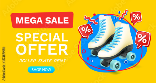 Roller rental, percentage and discounts on rent or purchase, mega sale. Vector illustration 