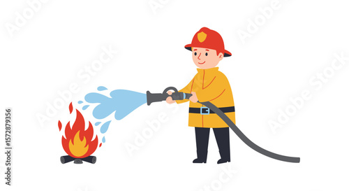 firefighter extinguish fire with water. vector style