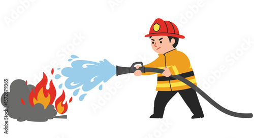 fireman firefighter extinguish fire with water. vector style