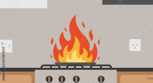 fire in a fireplace, fire on stove kitchen