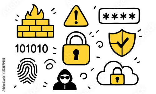 Cybersecurity icons featuring firewall, lock, and cloud security elements