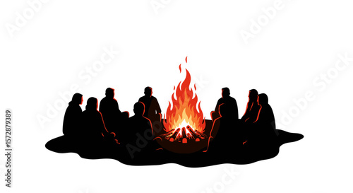 group of people on the ground watching bonfire. silhouette style vector