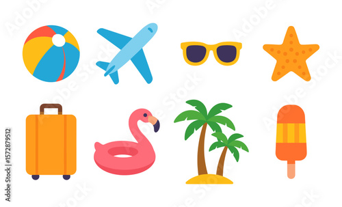 Colorful summer travel icons featuring beach ball, airplane, sunglasses, starfish, luggage, flamingo, palm trees, popsicle