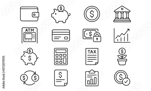 Financial icons set: wallet, piggy bank, atm, credit card, growth chart