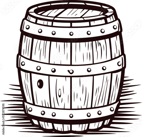 Hand drawn wooden barrel in vintage engraving isolated on white background for rustic or traditional design