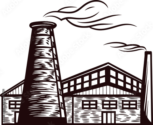 Vintage engraved illustration of industrial factory building with smokestacks and swirling smoke