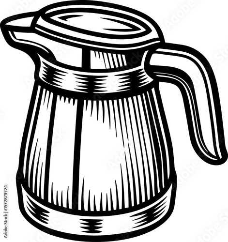 hand drawn coffee pot with lid and handle in vintage engraved sketch isolated on white background