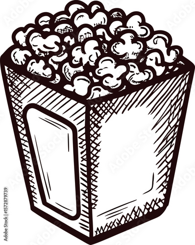 Hand drawn illustration of popcorn in box container isolated on white background vintage snack sketch