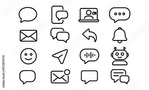 Communication icon set: chat, email, notification, video, robot