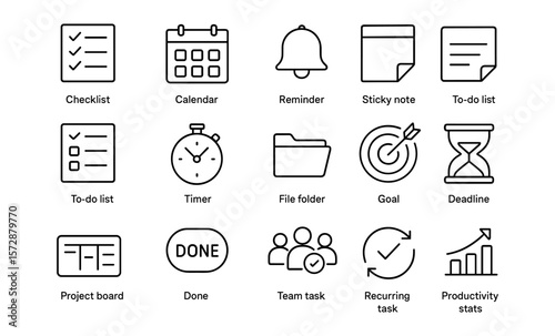 Productivity icon set: checklist, calendar, reminder, goal, timer, deadline, task