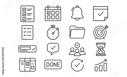 Task and time management icons set for organization and planning