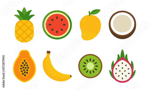 Colorful tropical fruits illustration featuring pineapple, watermelon, mango, coconut, papaya, banana, kiwi, and dragon fruit
