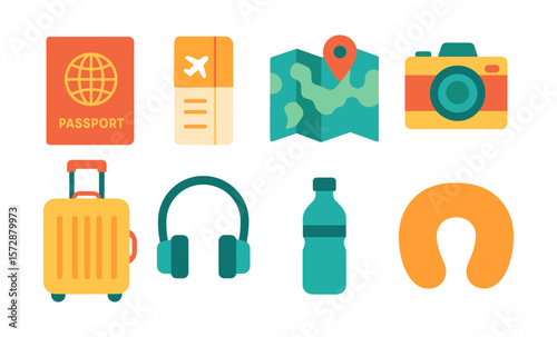 Travel essentials: passport, ticket, map, camera, luggage, headphones, bottle, neck pillow