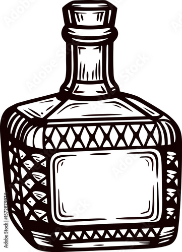 Hand drawn vintage glass decanter bottle with empty label isolated on white background illustration