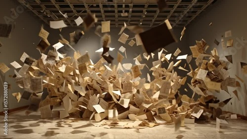 Dynamic Display of Floating Books in a Modern Gallery Space Generative AI