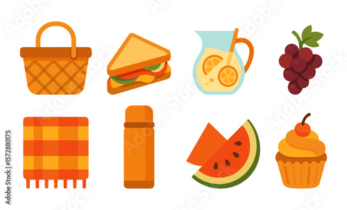 Cartoon picnic items including sandwich, grapes, watermelon, and lemonade
