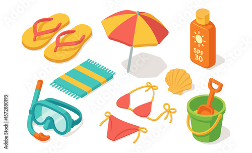 Colorful beach essentials: flip-flops, sun umbrella, sunglasses, snorkel, sunscreen, bikini