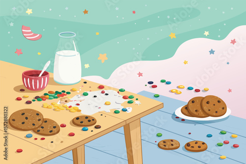 Vector illustration of a messy kid's table post-snack.