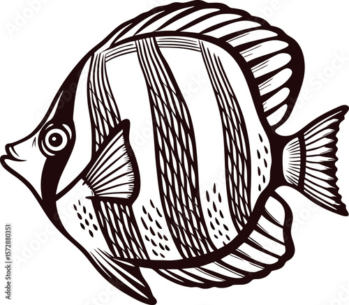 Hand drawn angelfish illustration with bold stripes and detailed fins isolated on white background