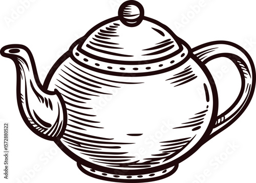 Hand drawn vintage teapot illustration in engraved sketch on white background