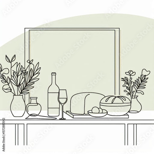 table with bread and wine, Minimalist line drawing of a dining table with wine, bread, and flowers