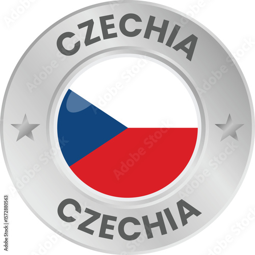 Czech flag in silver colored medal. National flag in metal circle emblem.
