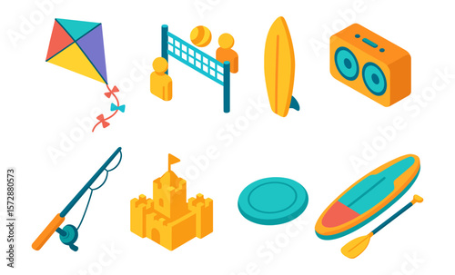 Colorful summer beach activities and equipment icons in modern illustration style