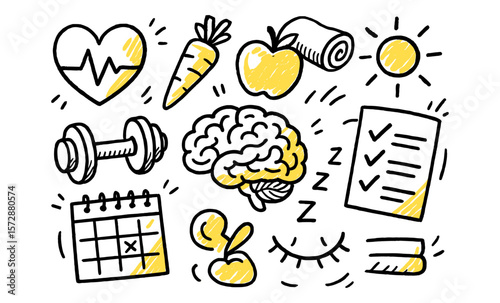 Healthy lifestyle icons with brain, heart, dumbbell, and checklist illustrations