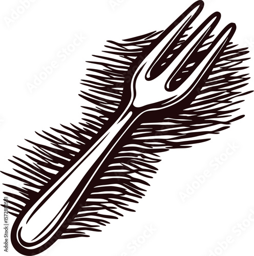 Vintage engraved metal fork illustration with shading and textured background