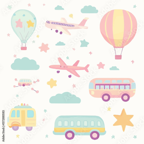 Minimal cartoon vehicles including cars, balloons and planes in soft colors, perfect for packaging, nursery decor, greeting cards and playful celebration prints