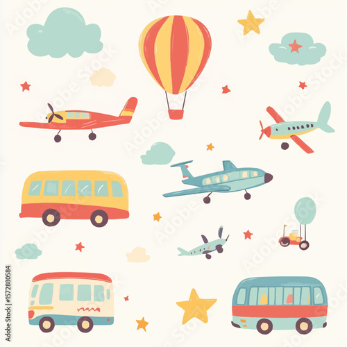 Charming cartoon transportation set with cute vehicles in soft colors, ideal for nursery wall art, children's rooms, packaging and cheerful seasonal designs
