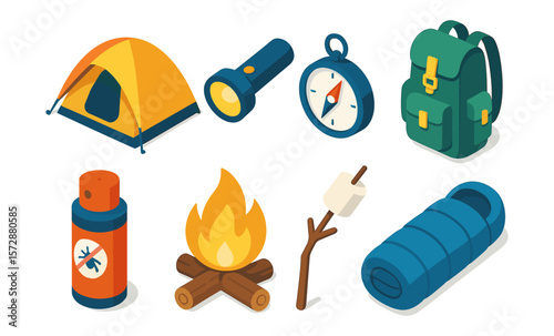 Camping equipment illustration: tent, flashlight, compass, backpack, bug spray, campfire, marshmallow, sleeping bag