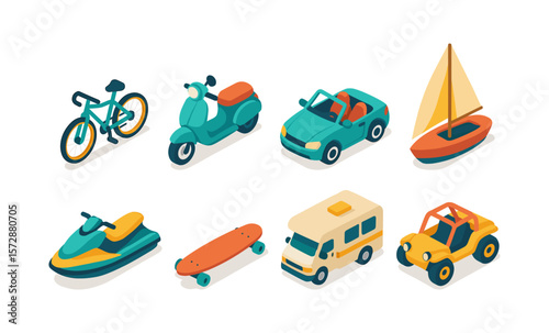 Cartoon icons of summer transportation modes including bike, scooter, car, boat, jet ski, skateboard, camper, and beach buggy