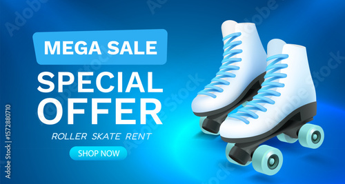 Roller rental, percentage and discounts on rent or purchase, mega sale. Vector illustration 