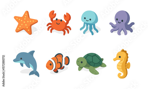 Colorful cartoon sea creatures collection: starfish, crab, jellyfish, octopus, dolphin, clownfish, turtle, seahorse