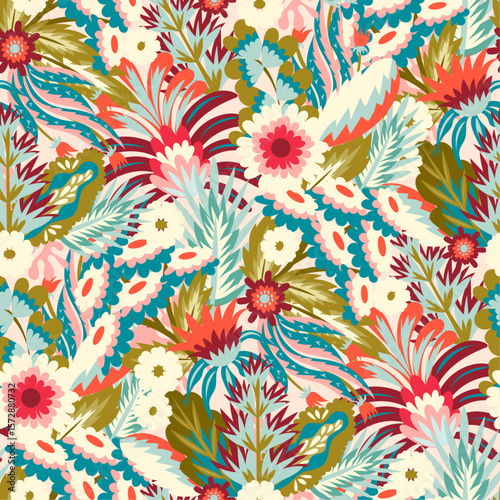 Colorful bright seamless vector floral pattern
