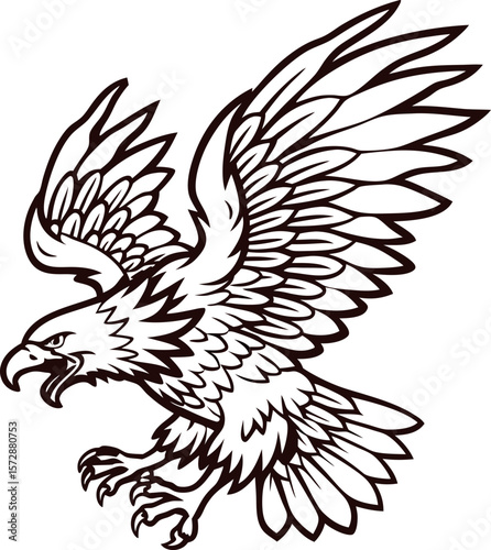 Angry eagle with spread wings flying and attacking ink line drawing of raptor bird isolated on white background