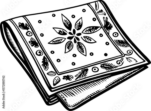 Hand drawn decorative folded napkin with floral ornament and ornate border illustration