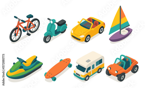 Summer transportation: variety of fun and colorful summer vehicles illustration