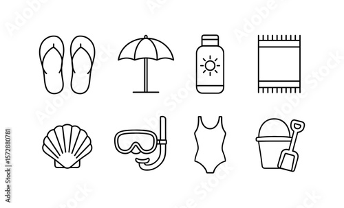 Beach essentials line icons: flip-flops, umbrella, sunscreen, towel, shell, snorkel, swimsuit, bucket
