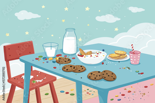 Messy kid's table after snack time, vector illustration.