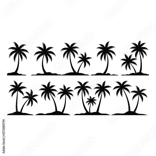 Black silhouettes of palm trees arranged in a row for summer themed designs