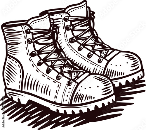 hand drawn illustration of rugged lace up hiking boots with heavy tread, vintage engraving style, detailed sketch